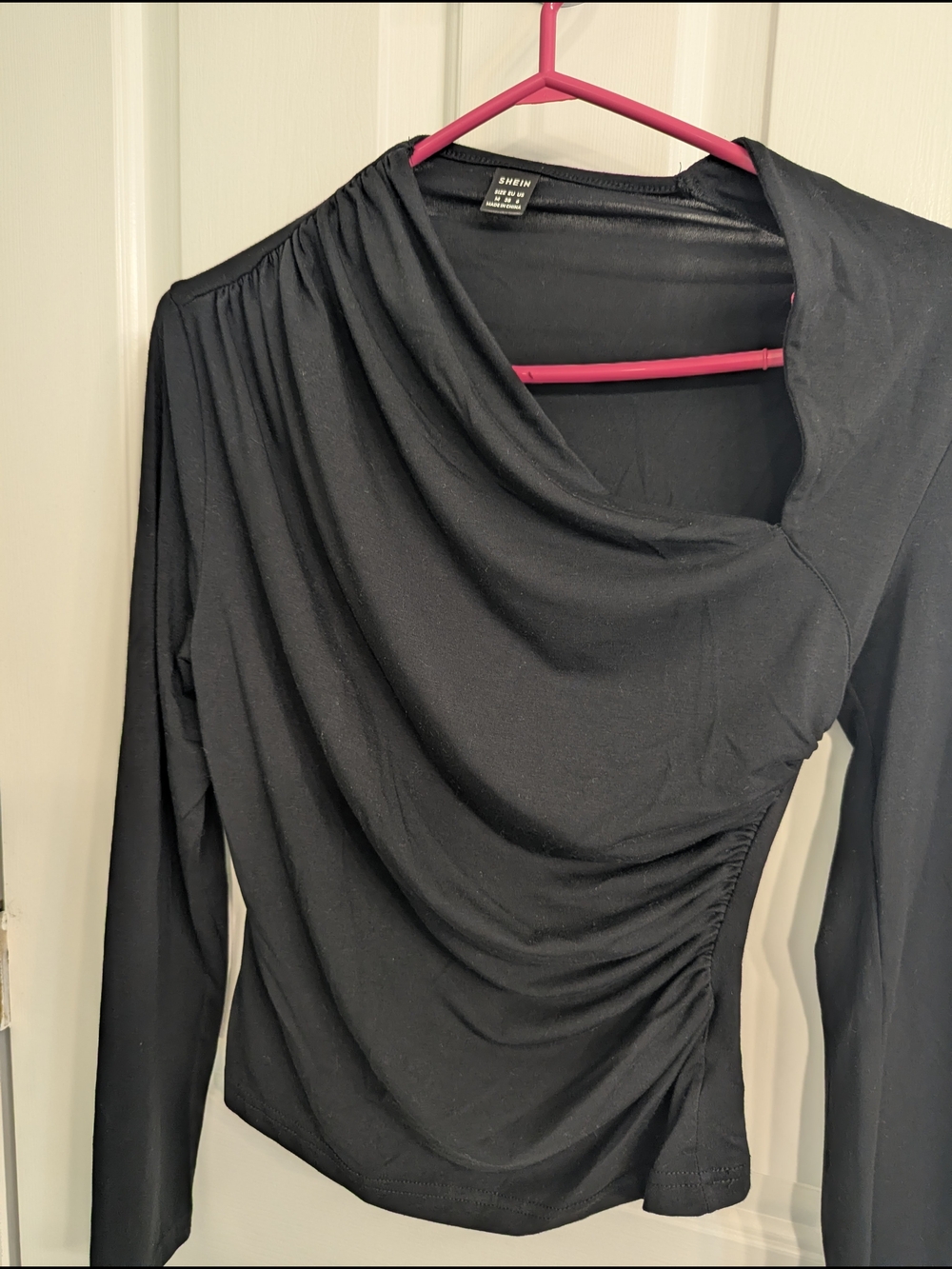 SHEIN Black Asymmetric Draped Neck Long Sleeve Top